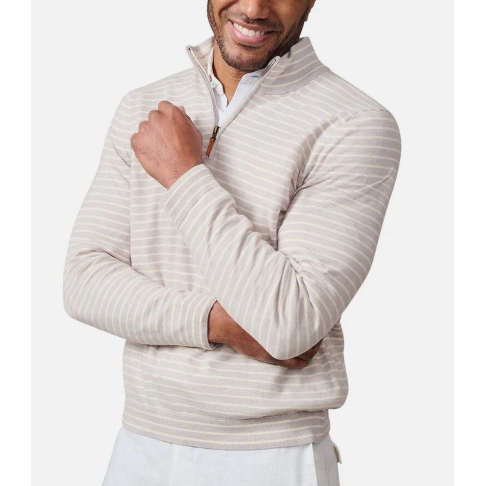 J.McLaughlin Men's Justin 1/4 Zip Sweater Gray White Stripe Cashmere Blend L